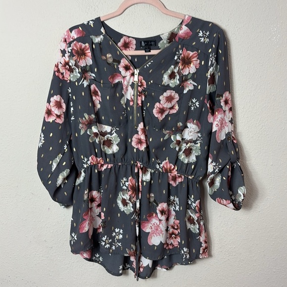 J for Justify Grey Gold Blush Floral Top Partial Zipper neckline size large - Picture 1 of 9